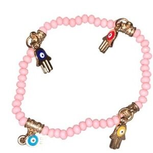 Pink Beaded Bracelet with Hamsa Hand Charms - Colorful‎ Boho Jewelry